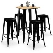 Table haute de bar lenny carré 60 cm noir plateau bois et 4 tabourets de bar métal noir mat empilables
