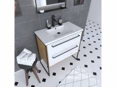 Ensemble meuble de salle de bain blanc 80cm + vasque en résine blanche 80x50 + tiroirs blanc mat