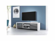 Meuble tv design manhattan 140 cm à 2 portes et 2 niches coloris blanc et gris