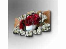Pentaptyque atos motif composition florale rouge et blanc
