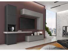 Système mural de salon, meuble tv avec 2 éléments hauts avec étagères et étagère, séjour complet, 150x49h38 cm, couleur gris et anthracite 80527735121