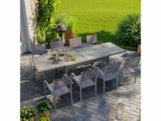 Table de jardin extensible aluminium 270cm + 8 fauteuils empilables textilène gris taupe - lio 8