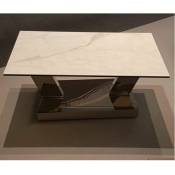 Table open à doubles plateaux pivotants en verre trempé et céramique marbre blanc - blanc