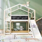 Lit superposé enfants 90x200cm, avec toboggan, échelle, sommier à lattes, lit cabane en pin - blanc - Blanc