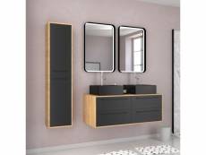 Meuble de salle de bains 120 cm - 2 vasques carrées et colonne - chêne naturel et noir mat - uby