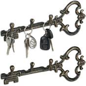 Relaxdays - Panneau à clés, lot de 2, 3 crochets, forme de clef , fonte de fer, vintage, antique, 12,5 x 33 x 4,5 cm, en noir-or
