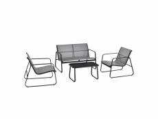 Salon de jardin stylé table basse plateau en verre canapé fauteuils ensemble de 4 meubles extérieurs pour 4 personnes acier pvc polyester noir gris cl