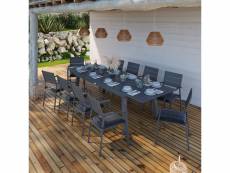 Table de jardin extensible aluminium anthracite 216-300cm + 10 fauteuils empilables - luxembourg