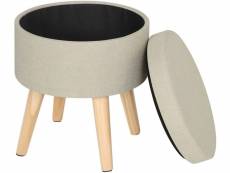Tabouret rond pouf coffre de rangement repose-pieds-siège en lin pieds en bois massif-crème blanc