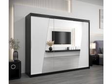 Armoire de chambre thor noir/blanc 250 avec 3 portes coulissantes et miroir penderie (tringle) avec étagères sans tiroirs