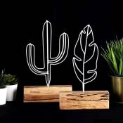 Cotecosy - Set de 2 objets décoratifs à poser Feuille et Cactus Zidas Bois clair et Métal Blanc - Blanc