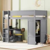 Dans Les Nuages - Lit mezzanine 90x200cm, avec armoire, bureau, 2 tiroirs, échelle, Lit enfant - gris - Gris