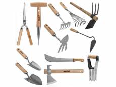 Kit 12 outils de jardin manche bois inox et fer forgés à la main haute qualité traditionnelle vito