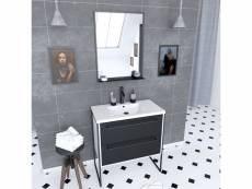 Pack meuble de salle de bain 80x50 blanc - 2 tiroirs + vasque resine blanche + miroir noir mat