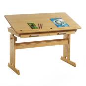 Bureau enfant écolier junior olivia table à dessin réglable en hauteur et pupitre inclinable avec 2 tiroirs en pin massif hêtre - Couleur hêtre