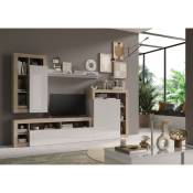 Ensemble de meubles de salon collection bura, longueur 290cm. Coloris chêne Cadiz et blanc laqué brillant - Marron - Bois
