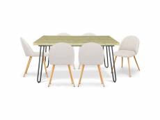 Pack table de salle à manger design industriel 150cm & 6 chaises de salle à manger tapissées en bouclé - evelyne blanc