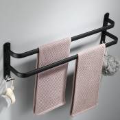 Porte-serviettes mural en aluminium - 2 étages - Avec crochets - 50 cm - Étanche - Noir - Pour salle de bain, cuisine, salle de bain