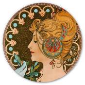 Tableau en métal Rond métallisé Plume Mosaïque Art Nouveau Déco Portrait Mucha ø 70cm - marron