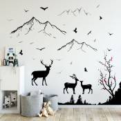 Un lot de Stickers Muraux motif cerfs oiseaux montagnes autocollant mural créatif Amovible pour Chambre Salon Decoration - black