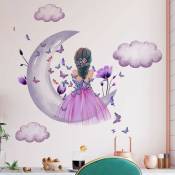 Autocollants muraux fille papillon, nuages ​​de lune fleur fée sticker mural, décoration murale flor
