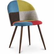 Chaise de salle à manger tapissée scandi retro design patchwork pieds en bois sombre - Evelyne Simona Multicolore - Métal finition effet bois, Bois,