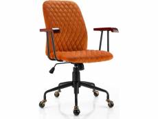 Costway fauteuil de bureau à roulette en velours, chaise pivotante réglable,style vintage elégant,accoudoirs en bois de caoutchouc, orange