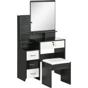 Ensemble coiffeuse tabouret design contemporain multi-rangement 4 tiroirs 4 étagères grand miroir noir blanc - Noir