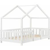 Lit cabane pour enfant forme maison barrière de protection en bois de pin blanc 80 x 160 cm