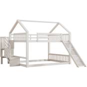 Lit superposé avec escalier de rangement et toboggan, 140x200cm lit de maison, lit d'enfant avec rampe, adapté aux enfants, adolescents, blanc