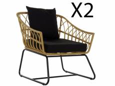 Lot de 2 fauteuils en métal et rotin synthétique coloris naturel / noir - longueur 76 x hauteur 80 x profondeur 58cm
