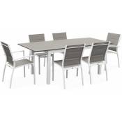 Salon de jardin table extensible - Chicago 210 - Table en aluminium 150/210cm avec rallonge et 6 assises en textilène Blanc / Taupe - Blanc