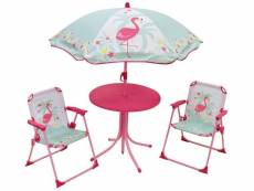 Set de jardin flamant rose 4 pièces 2 chaises table et parasol