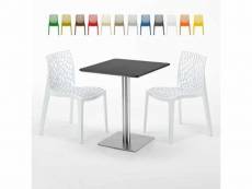 Table carrée 60x60 pied acier et plateau noir avec 2 chaises colorées gruvyer pistachio