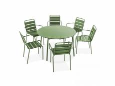 Ensemble table de jardin ronde et 6 fauteuils acier vert cactus - palavas