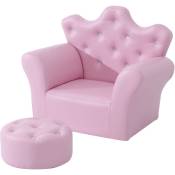 Homcom - Ensemble fauteuil et pouf enfant design couronne de princesse - dossier et assise pouf avec boutons strass aspect cristaux - structure bois