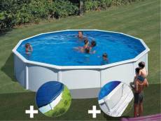 Kit piscine acier blanc gré fidji ronde 5,70 x 1,22 m + bâche hiver + tapis de sol