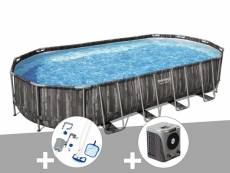 Kit piscine tubulaire ovale bestway power steel décor bois 7,32 x 3,66 x 1,22 m + kit d'entretien deluxe + pompe à chaleur