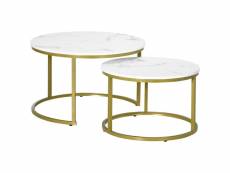 Lot de 2 tables basses gigognes rondes style art déco - acier doré panneaux aspect marbre blanc