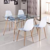 SARYA - Table en verre avec 4 chaises blanches scandinaves