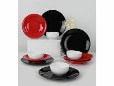 Service de table 12 pièces katy 100% céramique noir, rouge et blanc