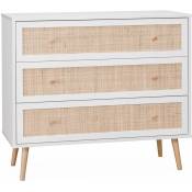 Sweeek - Commode en décor bois blanc et cannage 90x39x79cm - Bohème - 3 tiroirs