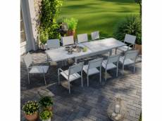 Table de jardin extensible aluminium 270cm + 10 fauteuils empilables textilène gris - lio 10