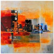 Tableau bois abstraction - ville panoramique - 40 x
