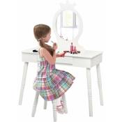 Coiffeuse pour enfants avec tabouret,coiffeuse et chaise,table cosmetique avec miroir et tiroir,egalement comme bureau,Blanc - Goplus