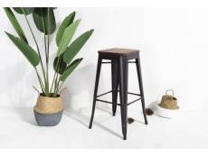 Kosmi - tabouret de bar en métal noir mat et assise en bois foncé, tabouret métal et bois haut hauteur 76cm parfait pour table de 100 cm et plus