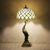 Lampe de table Tiffany, lampe en vitrail, base en bronze de lumière de bureau de paon, lampe de lecture de bureau de table de nuit de chevet