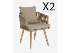 Lot de 2 chaises en corde beige et pieds en bois d'acacia massif - longueur 60 x profondeur 64 x hauteur 73 cm