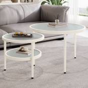 Ohjijinn - Lot de 2 tables d'appoint rondes, plateau en verre vague d'eau, finition blanc crème, polyvalentes