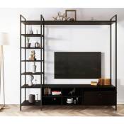 Ensemble meuble tv et bibliothèque bois noir et métal noir Viza 180cm